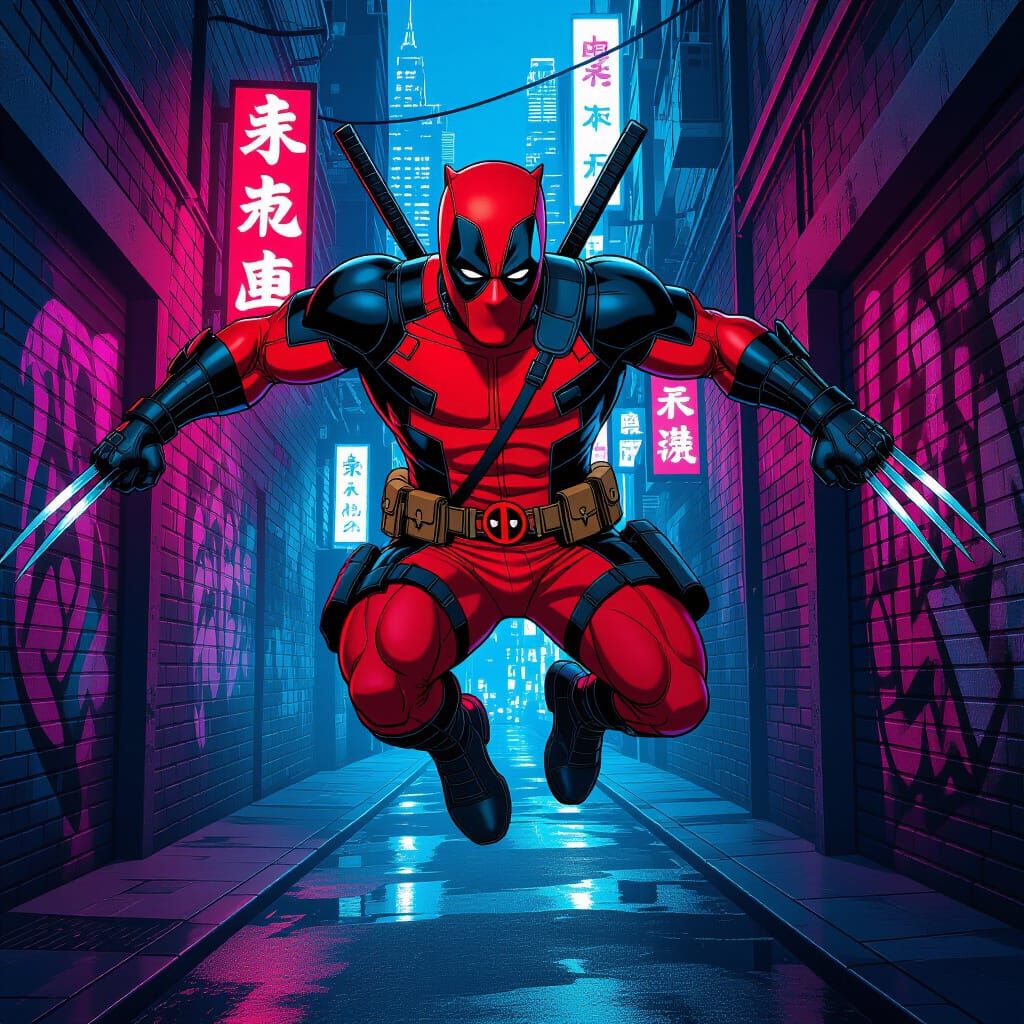 Panther in Deadpool Suit Leaping Through Cyberpunk City