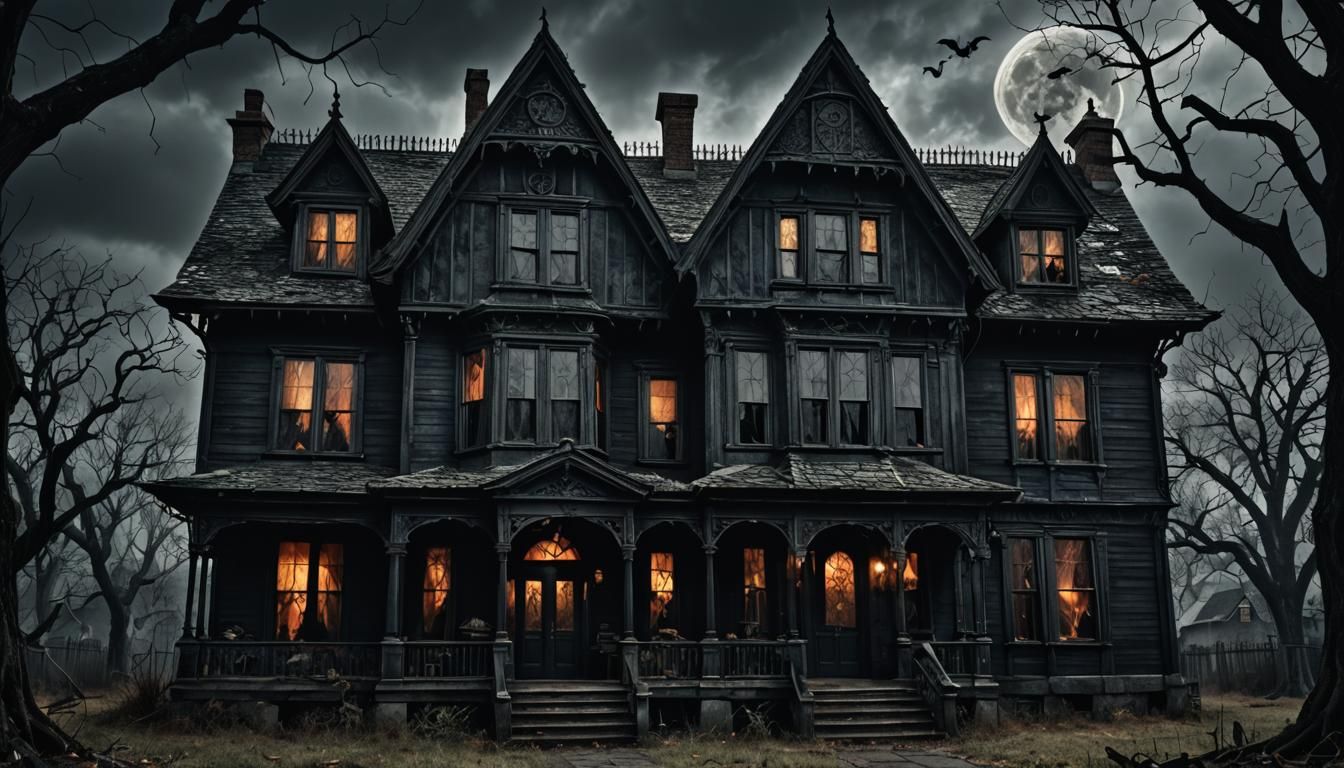 Dark Haunted House with Witch in Window