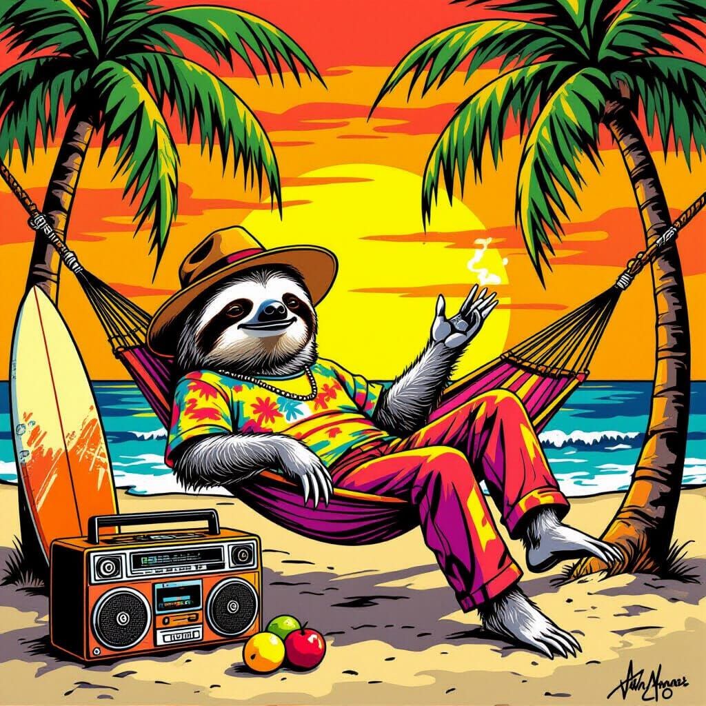 Ecstatic Sloth Lounging in Hammock with 80s Boom Box