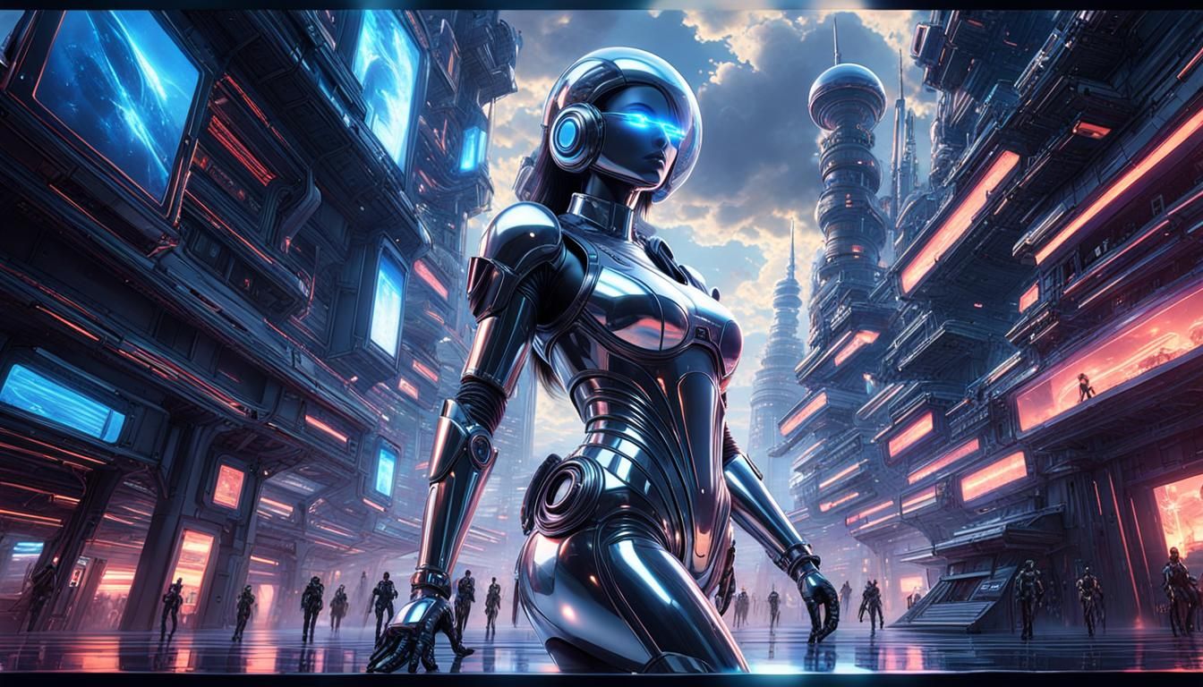 Robot Girl in Retro Sci-Fi Landscape