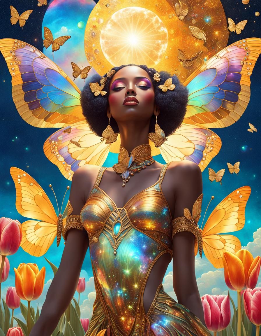 Iridescent Tulip Goddess in Klimt-Inspired Astral Art