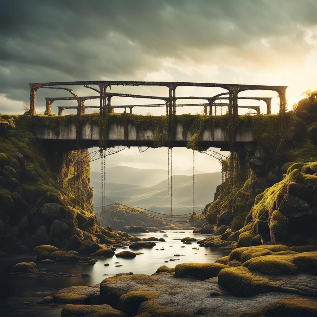 Surreal Ruined Bridge in Desolate Landscape