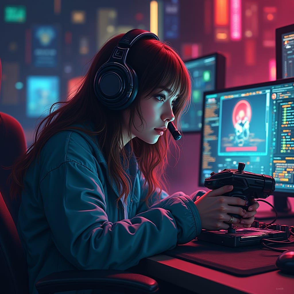 Cyberpunk Gaming Scene in Industrial Futurism Style