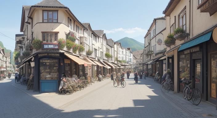 Car-Free Village Street Scene with Pedestrians