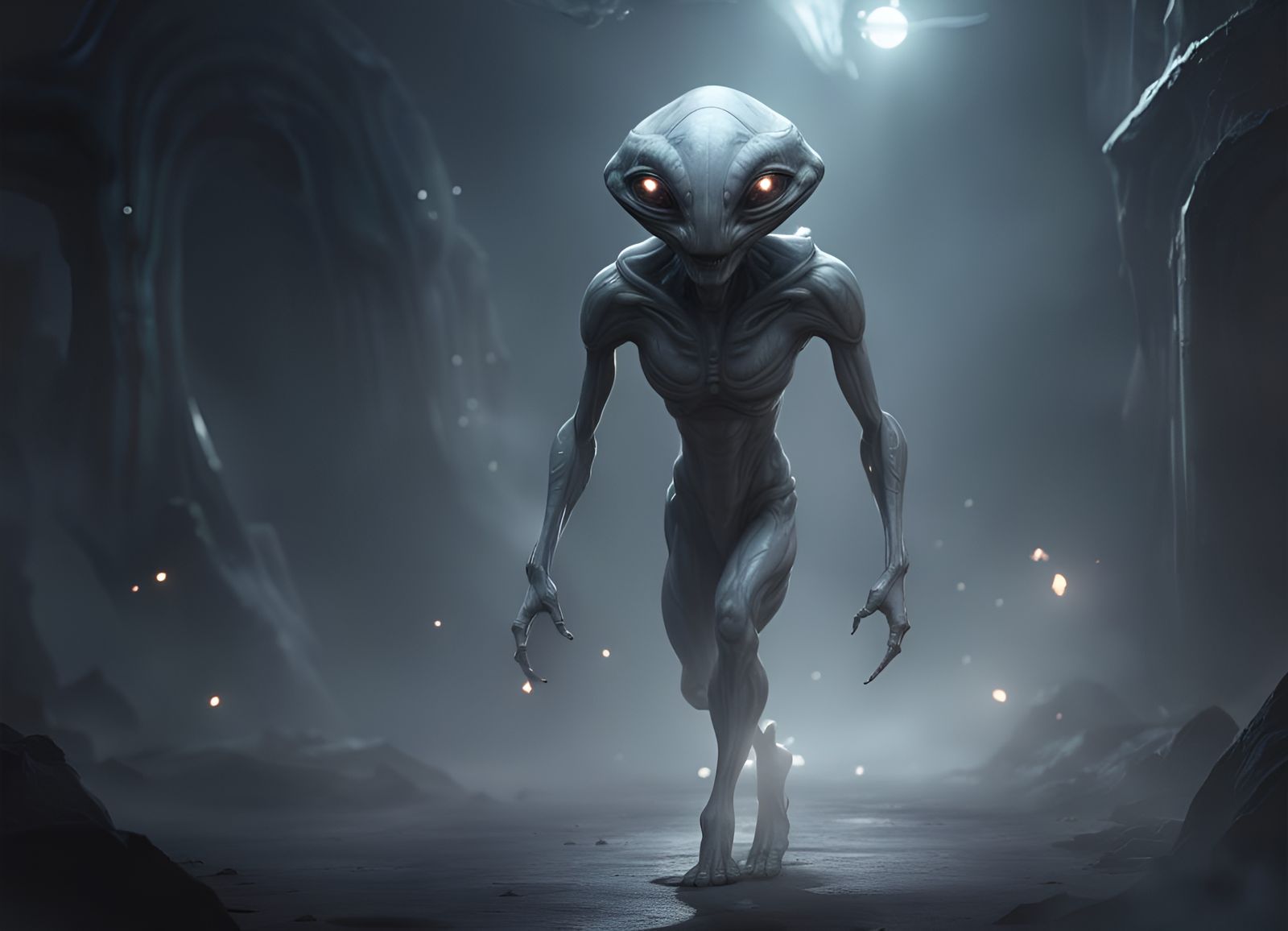 Ethereal Alien in Smoky Futuristic Landscape