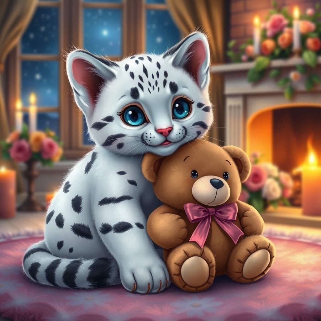 Cuddly Baby Bobcat Cozy Scene in Whimsical Fantasy Art