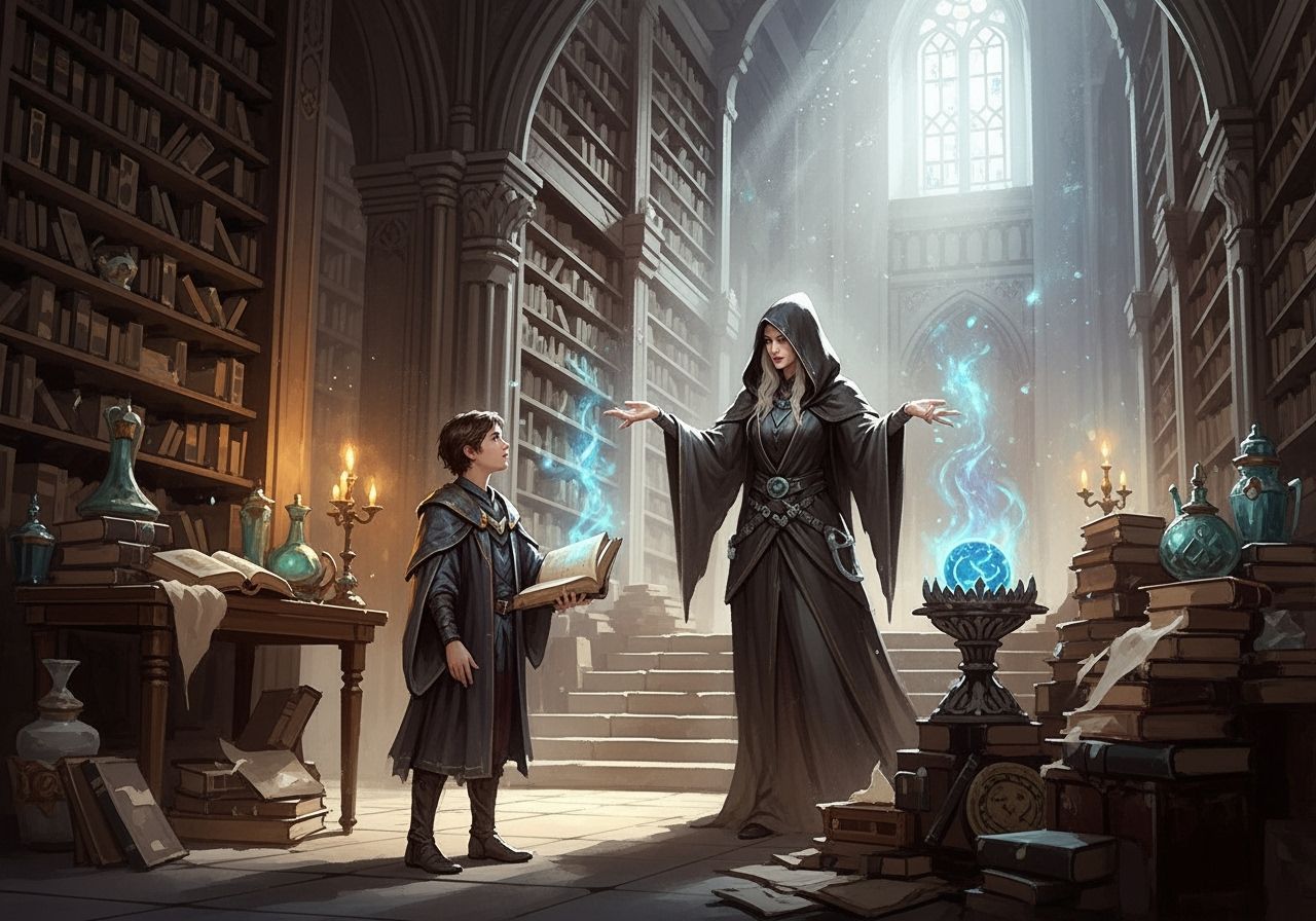 Sorceress and Apprentice in Ancient Library, Watercolor Styl...
