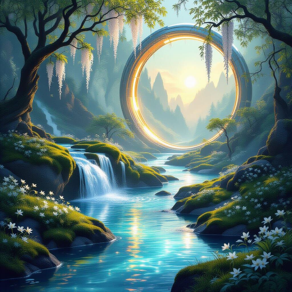 Magical Fantasy Landscape With Crystal Waterfall and Golden ...