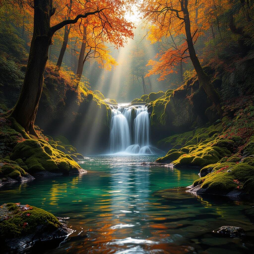 Hidden Waterfall in Autumn Forest with God Rays