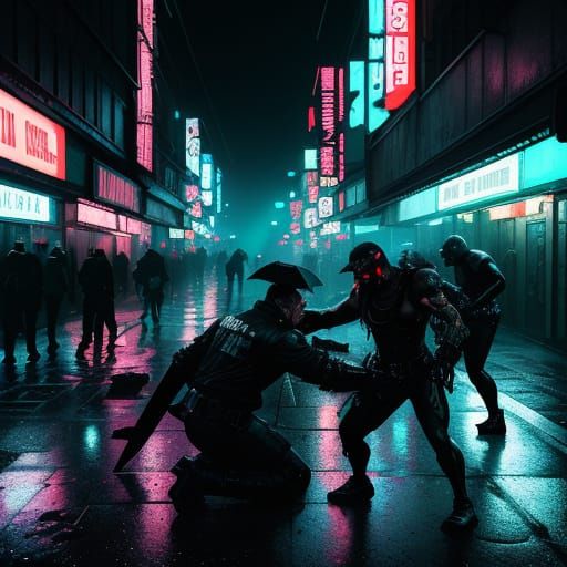 Cyberpunk Street Fight in Neon Noir Style