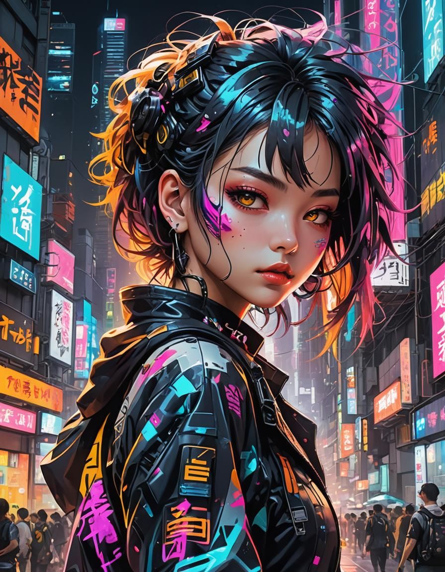 Android Girl in Harajuku Cyberpunk Style