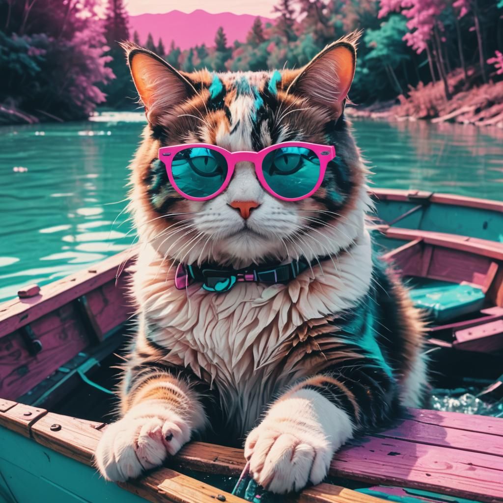 Calico Cat in Boat: Synthwave Neon River Scene