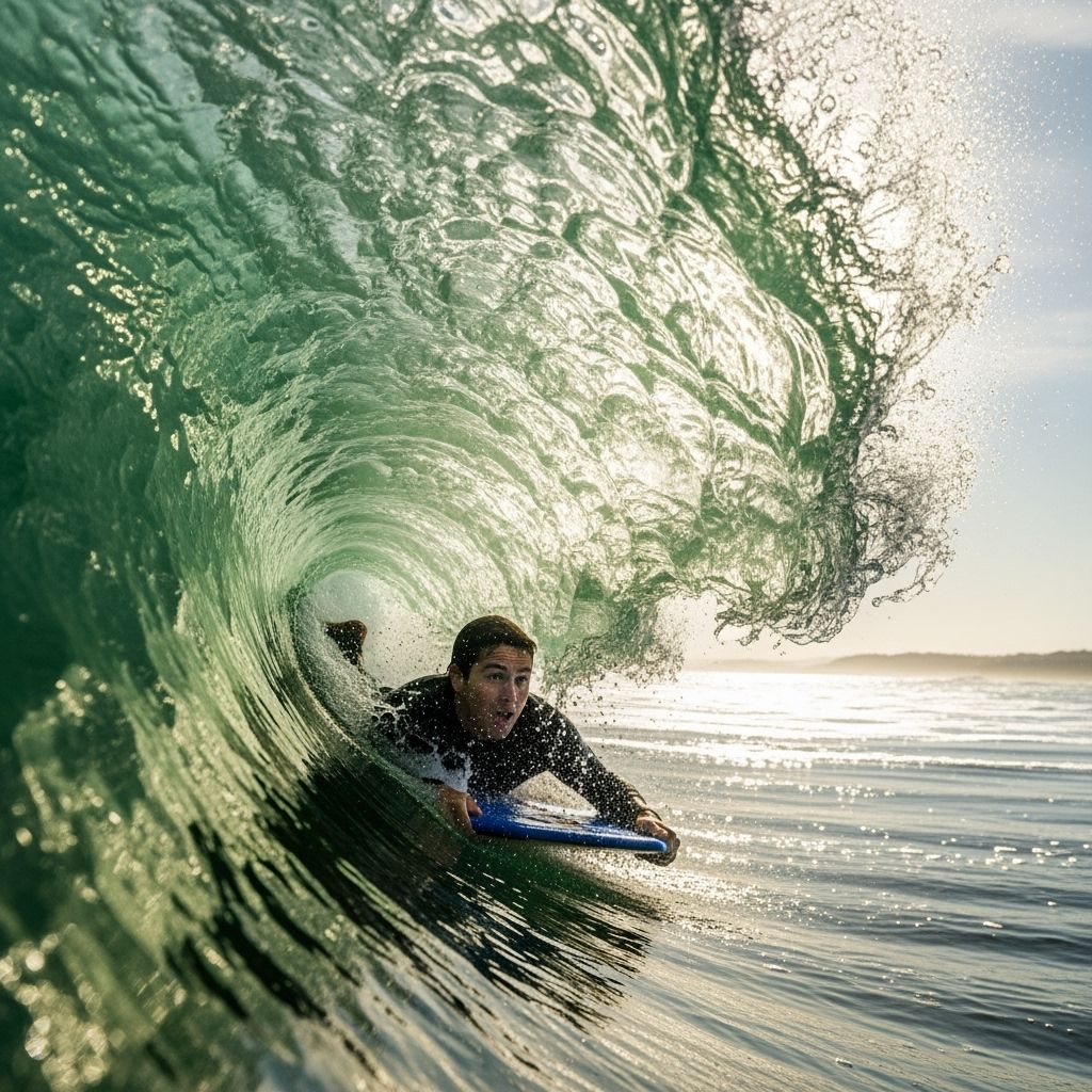 Exhilarated Bodyboarder Rides Through Crashing Wave Barrel