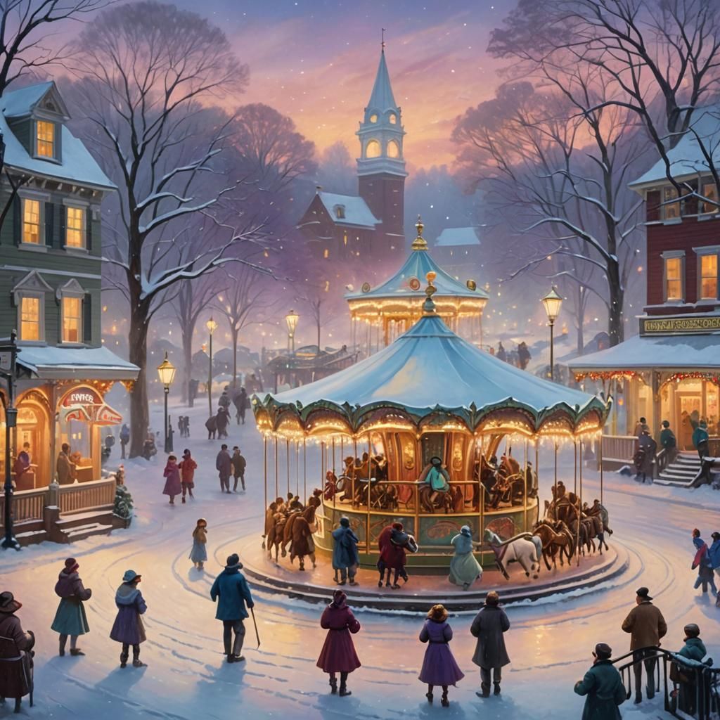 Magical Merry-Go-Round in Winter Dawn, Oil on Canvas