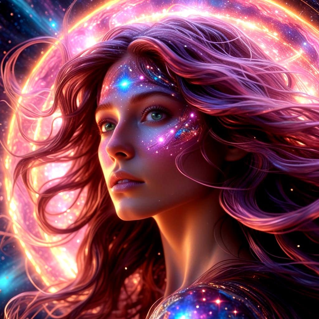 Cosmic Art Nouveau Woman Merges with Supernova