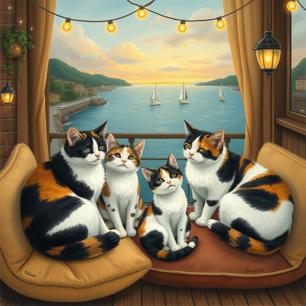 Calico Cats in Cozy Pier Cafe, Storybook Illustration