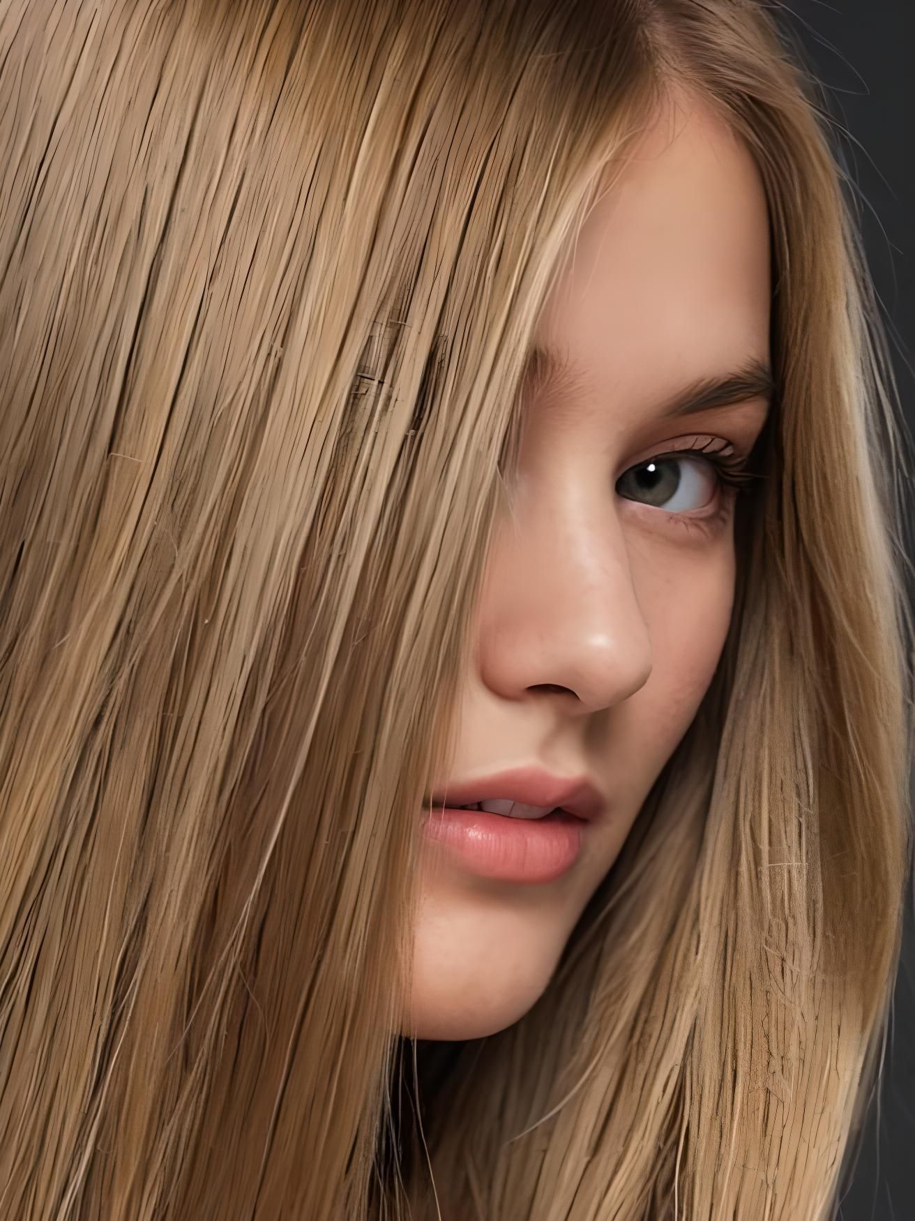 Close up of a girl with straight hair falling over one eye