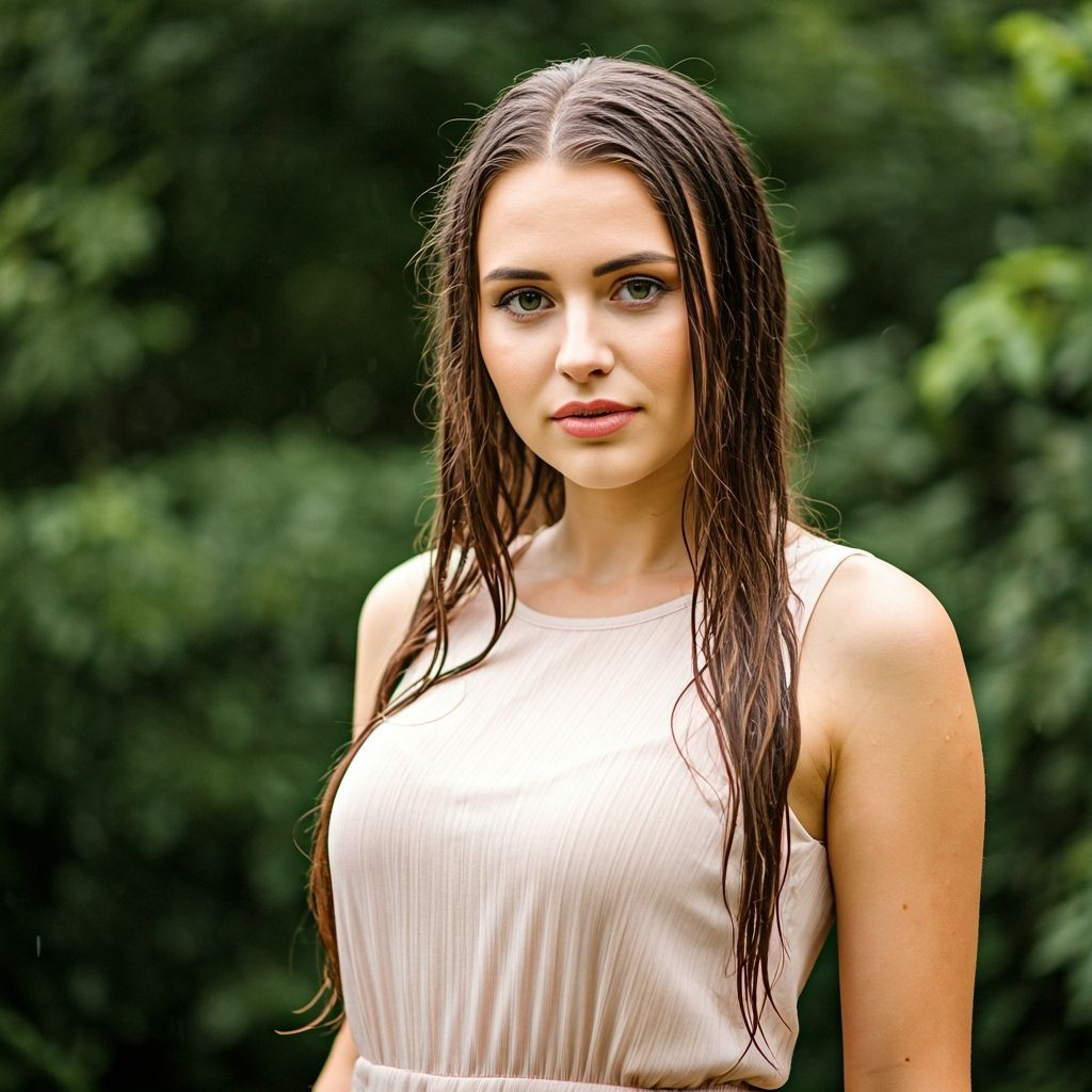 Elegant Woman in Lush Setting with Glistening Water Droplets