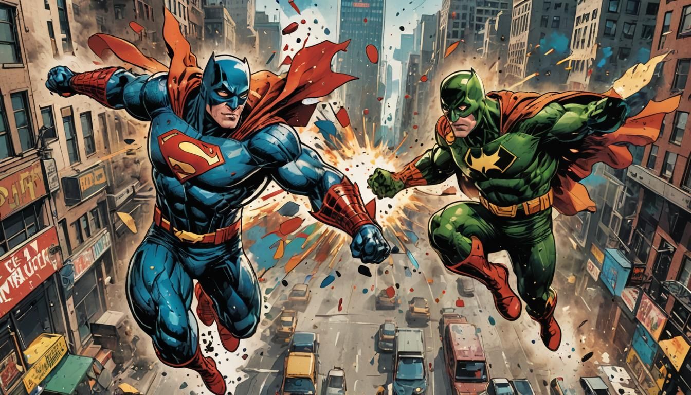 Explosive Superhero Clash in Dynamic Comic Art Style