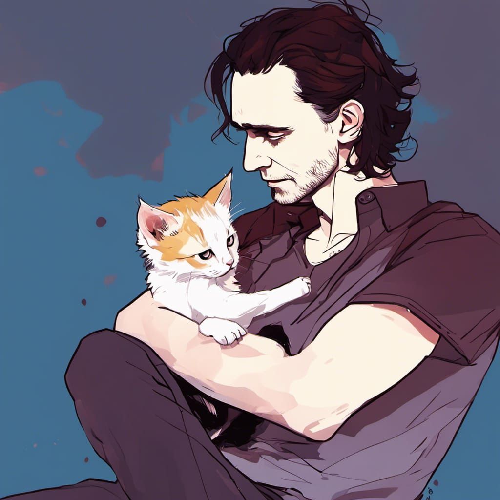 Loki Snuggling Kitten in Anime Digital Painting Style