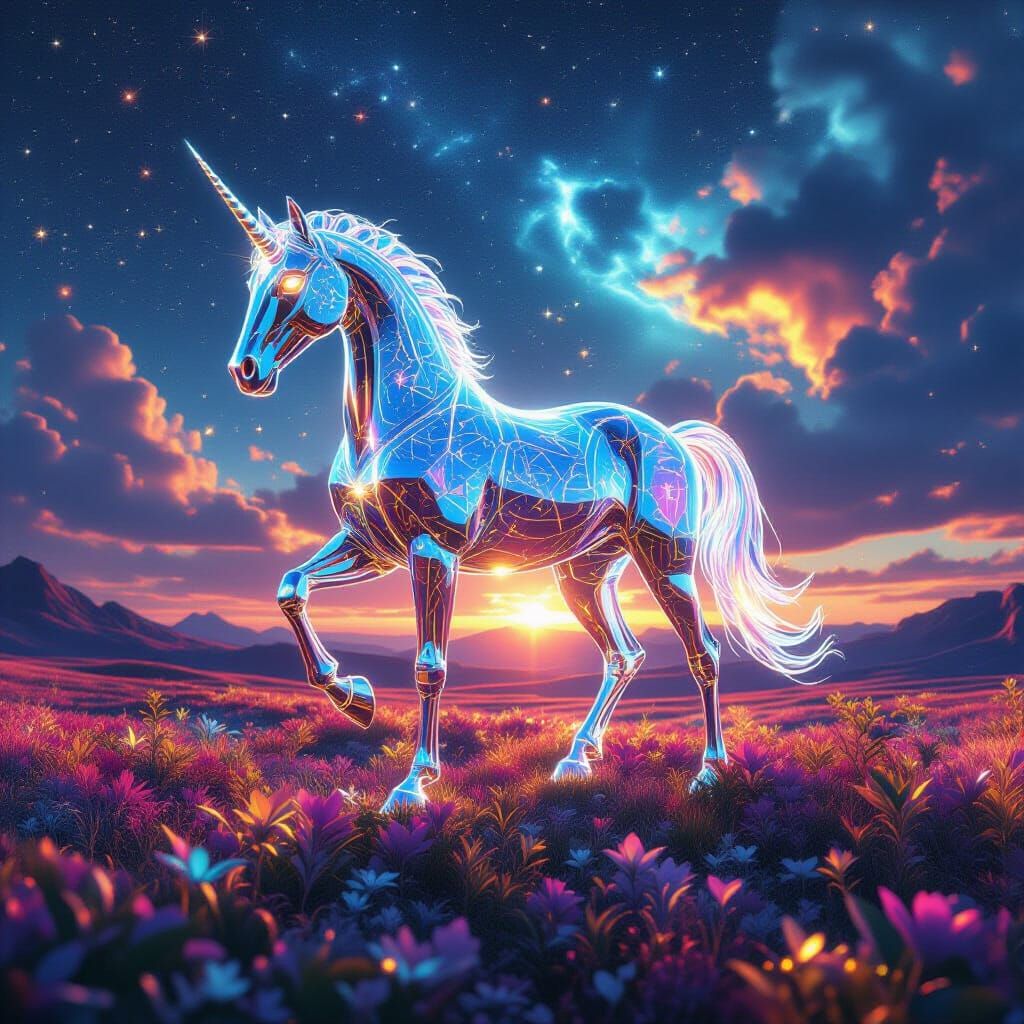 Luminous Crystal Horse Sculpture Under Nebula Sky