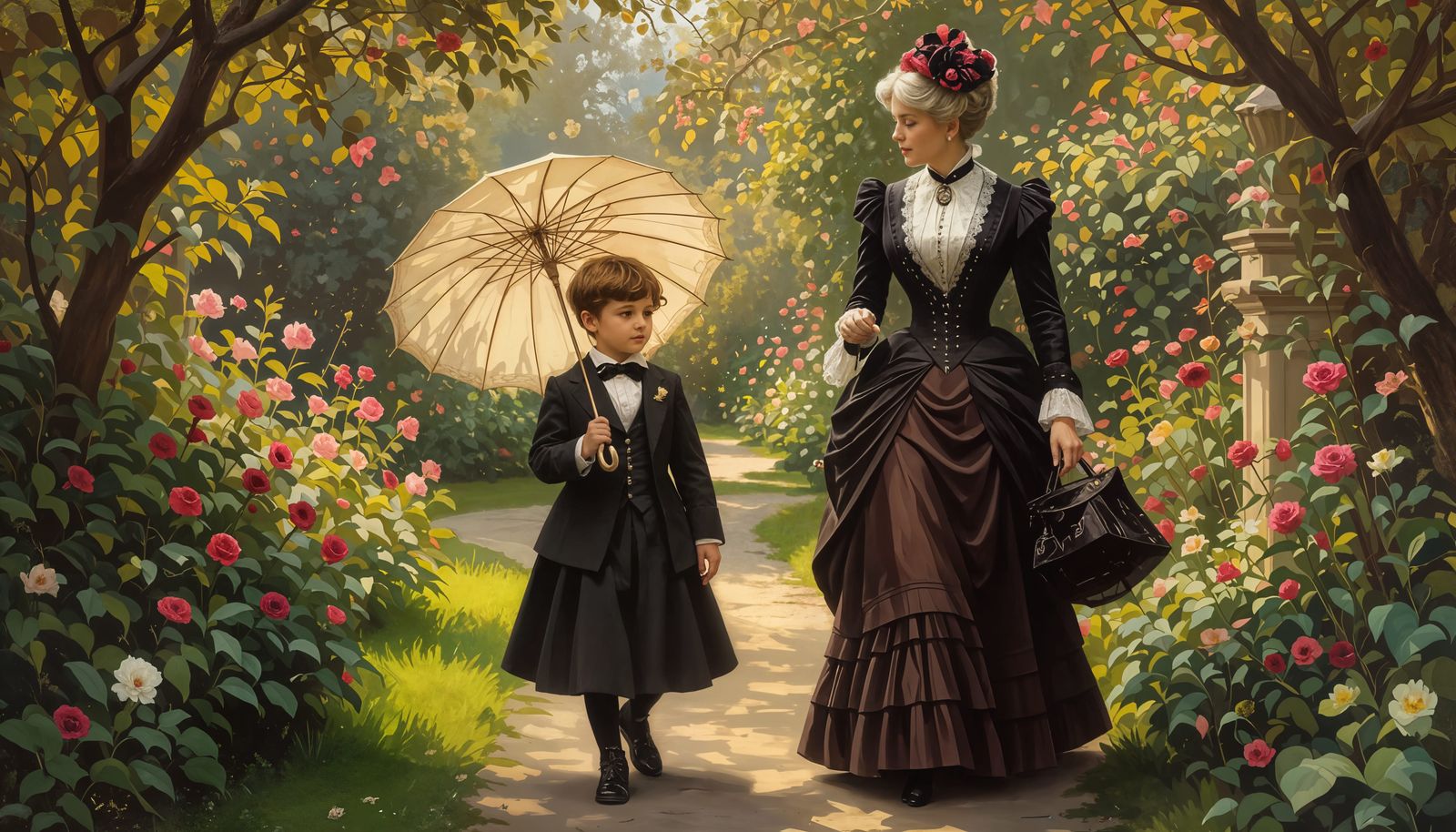 Boy and Grandmother in Victorian Garden