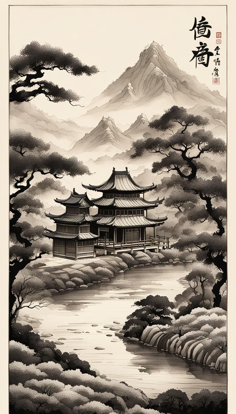 Kenroku-en Garden in Chinese Ink Brush Style