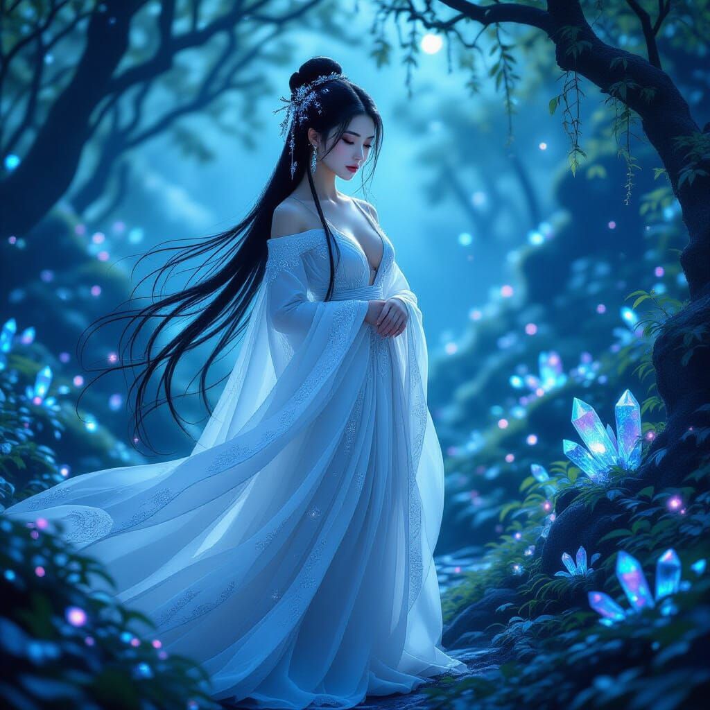 Ethereal Woman in Bioluminescent Grove, Cinematic Style