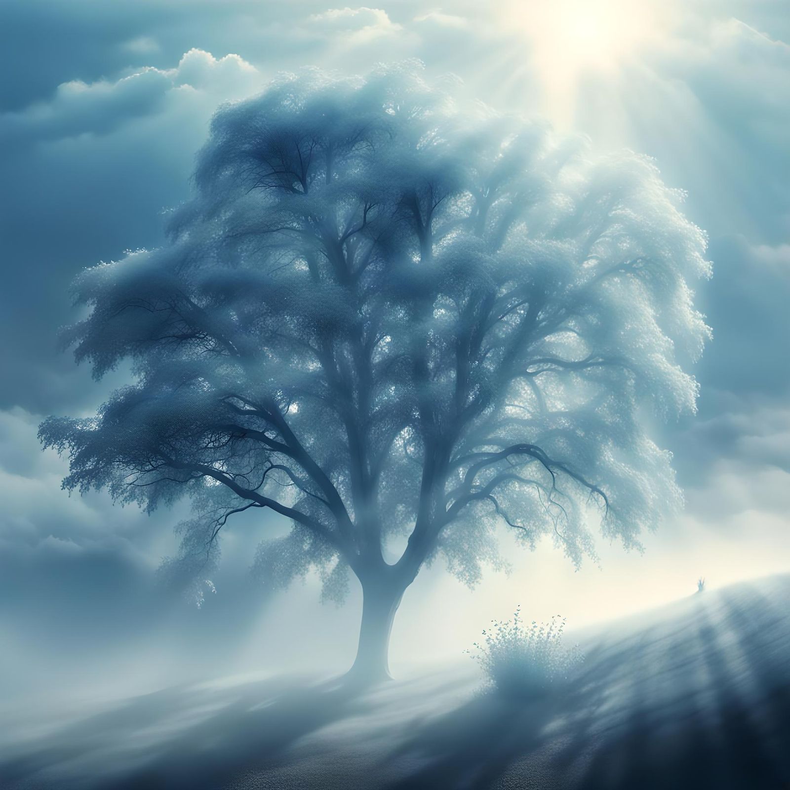 Monochromatic Blue Landscape with Ethereal Sunshine