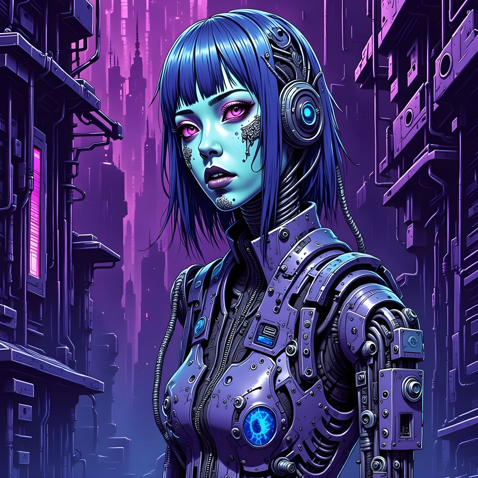Biomechanical Cyberpunk Girl in a Molten-Purple Hellscape
