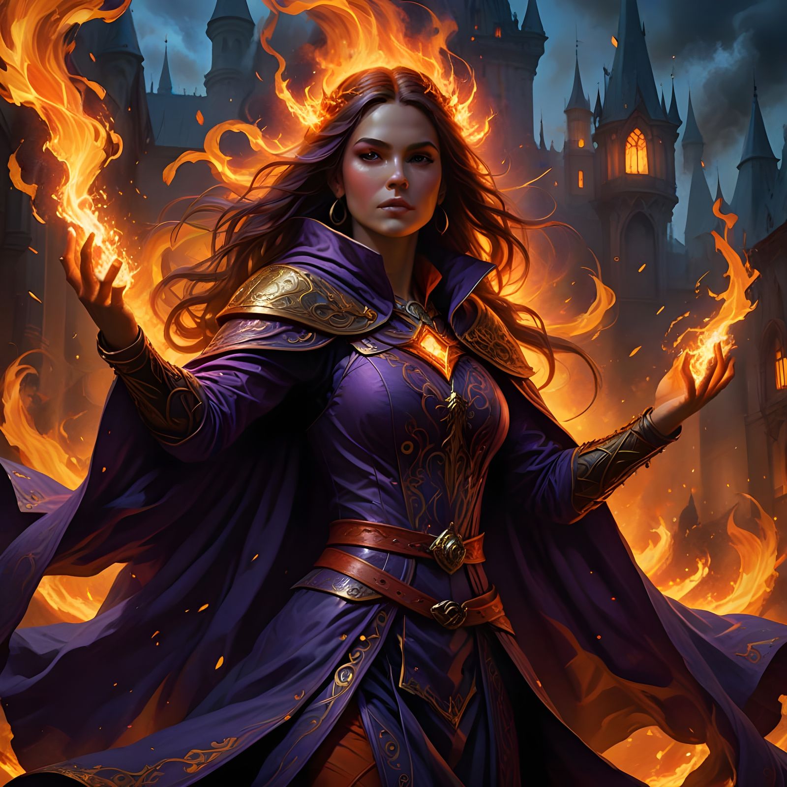 Sorceress Enveloped by Inferno in Dark Fantasy Realism