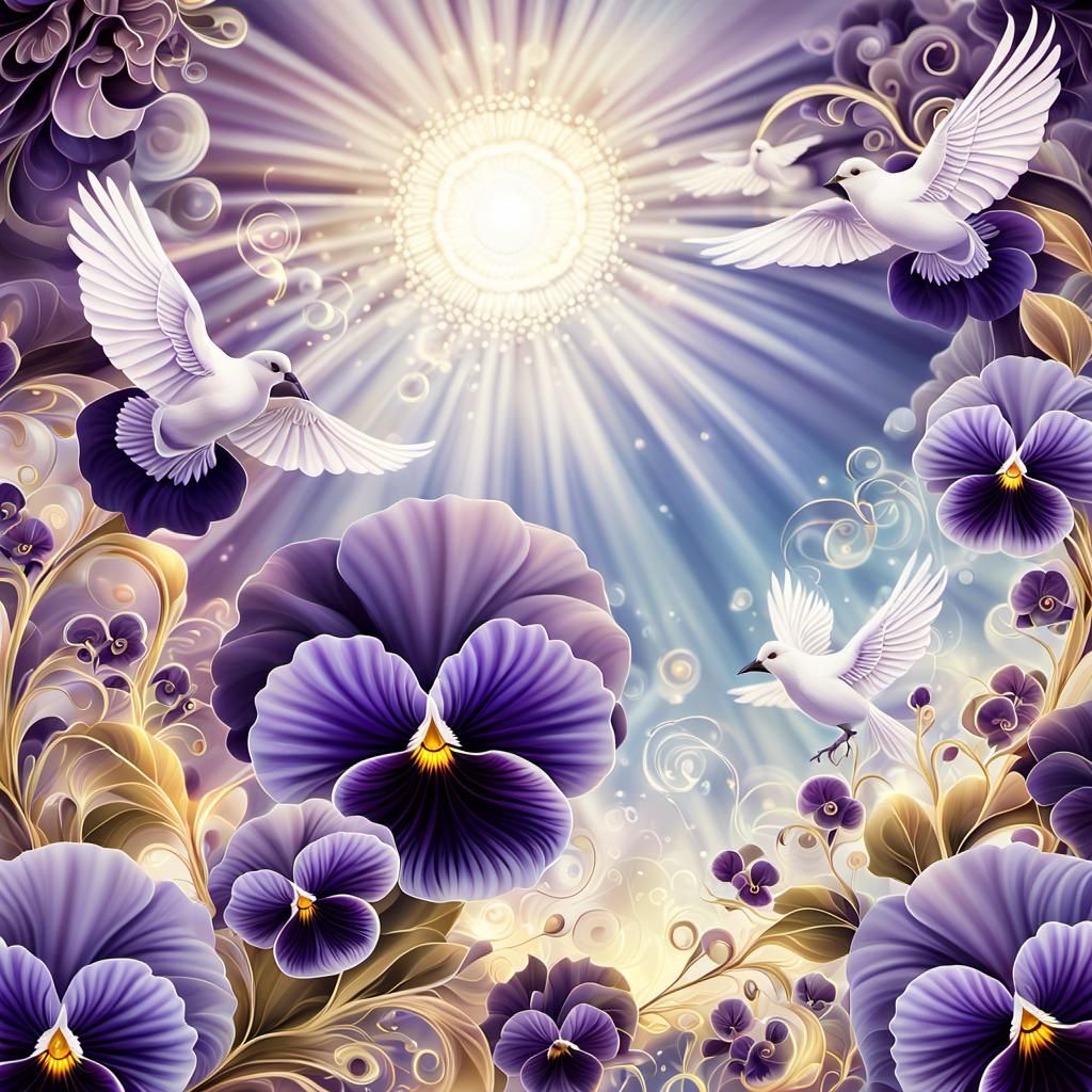 Heavenly Abstract Fractal: Purple Pansies in Golden Light