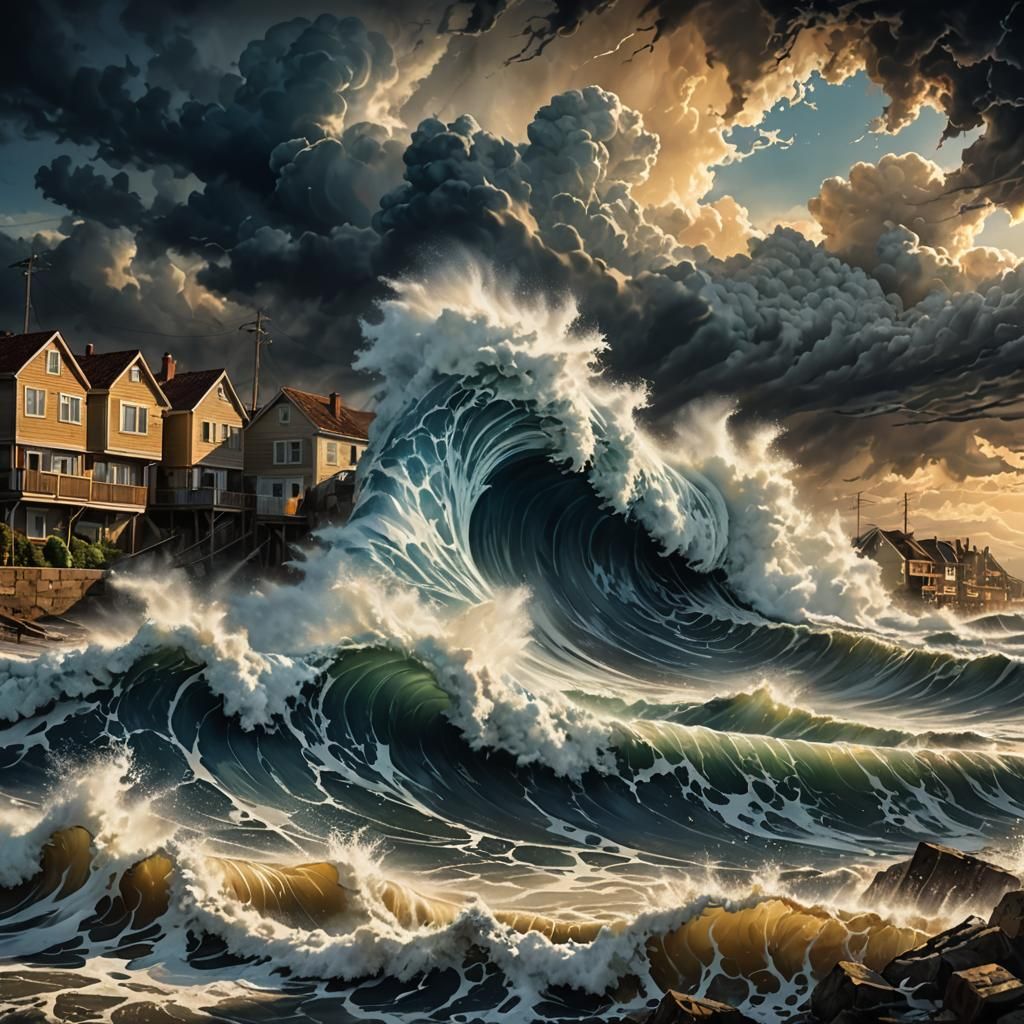 Tsunami Wave Crashes into Coastal Town