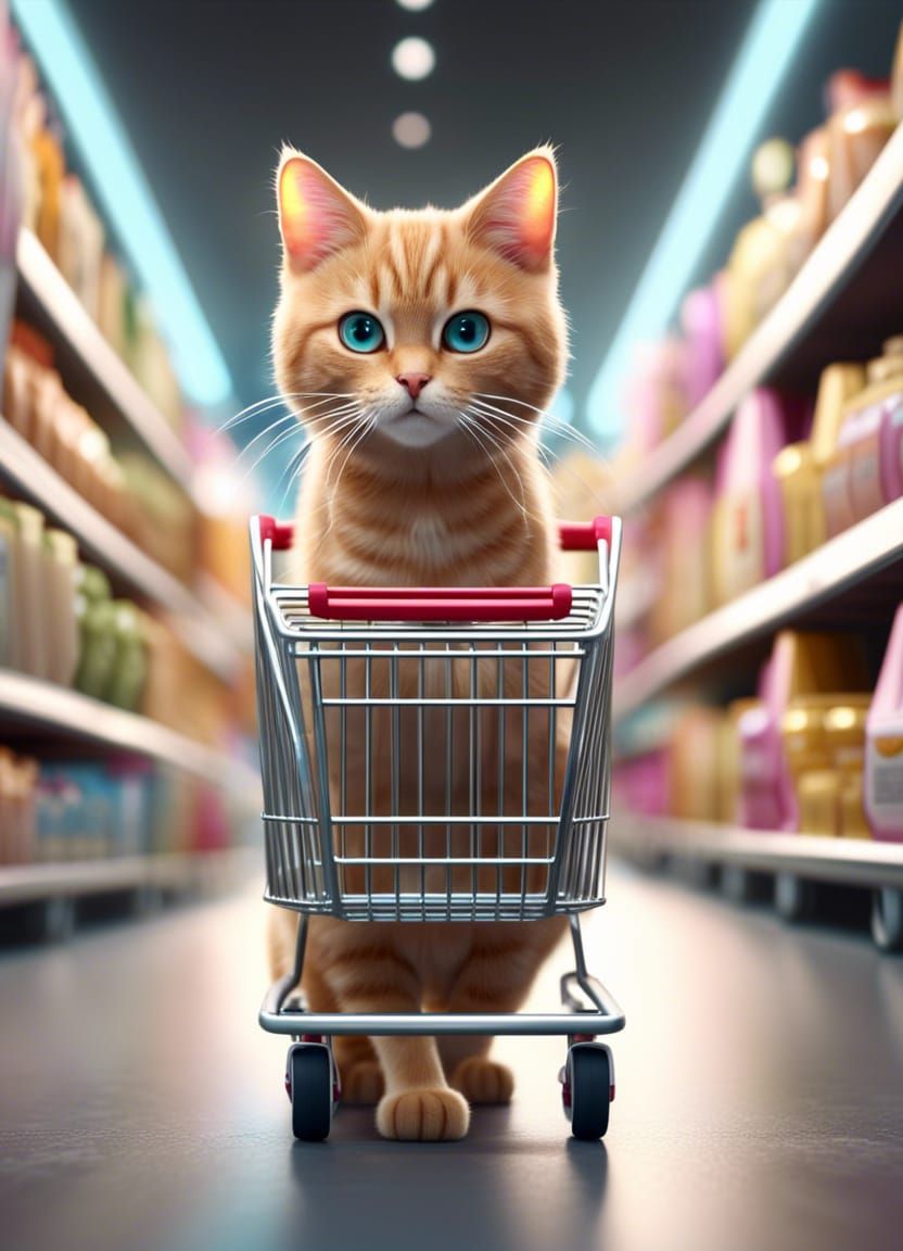 Cat Pushing Trolley Full of Cat Food