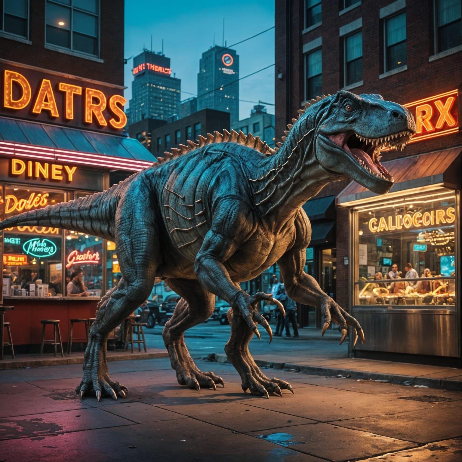 T-Rex as Pet Dog in Modern City Scene