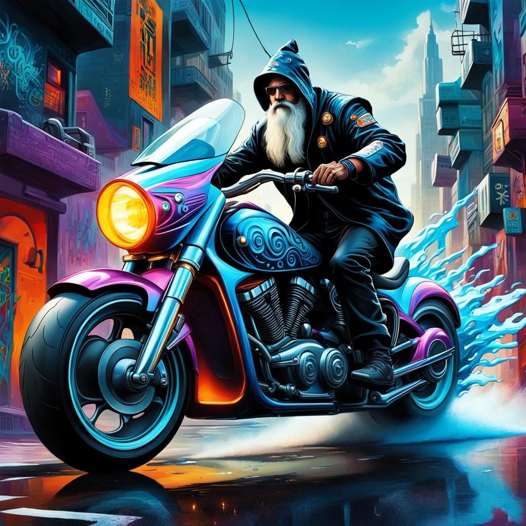 Wizard on Motorcycle in Graffiti Splash Art Style