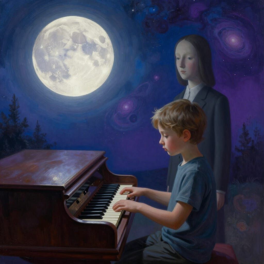 Surreal Player Piano Under Luminous Moon and Galaxies