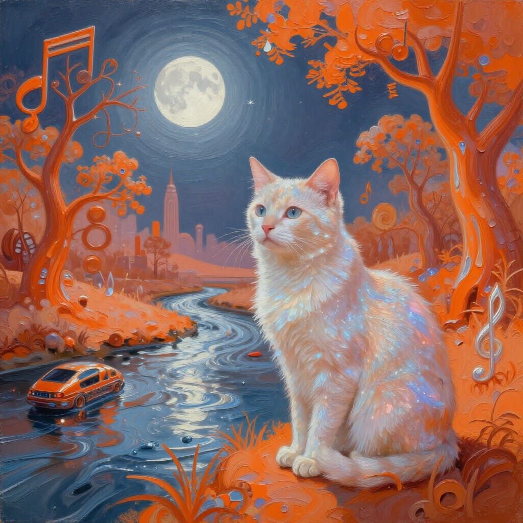 Ethereal Cat by Moonlight River in Retro Futurism Style