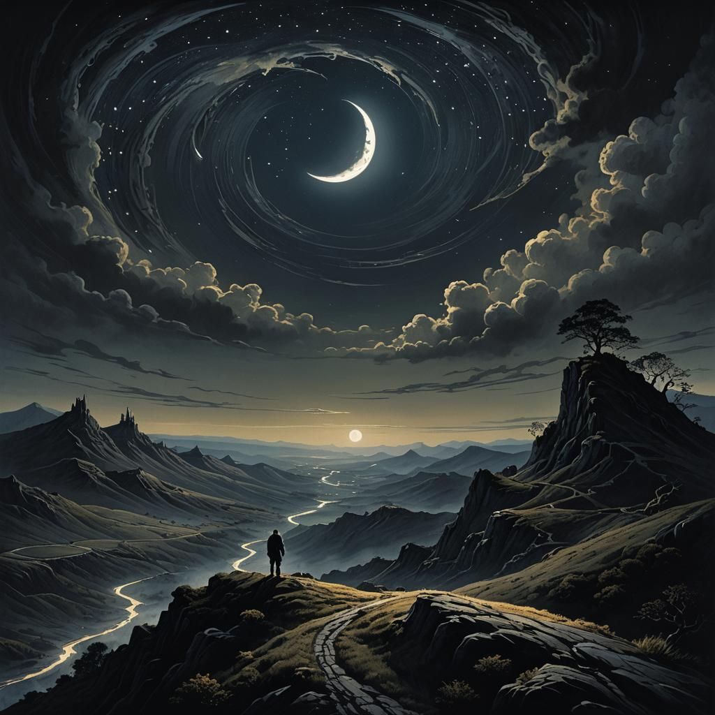 Dark Fantasy Figure Under Starry Night Sky