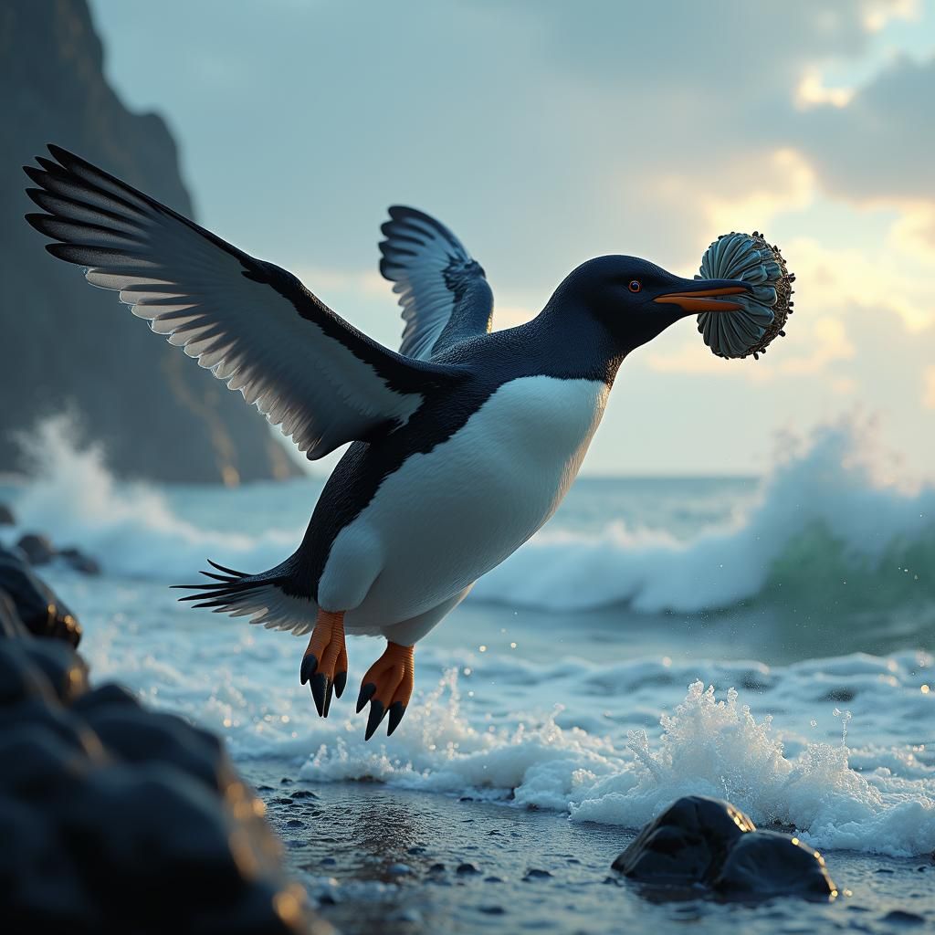Penguin Flies with Clam: Photorealistic Digital Art