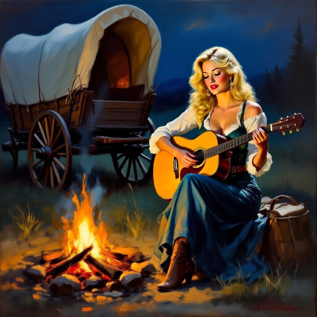 Impressionistic Saloon Woman Plays Guitar by Campfire