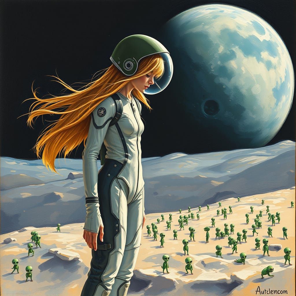 Girl in Austronat Suit Gazing at Tiny Aliens on the Moon