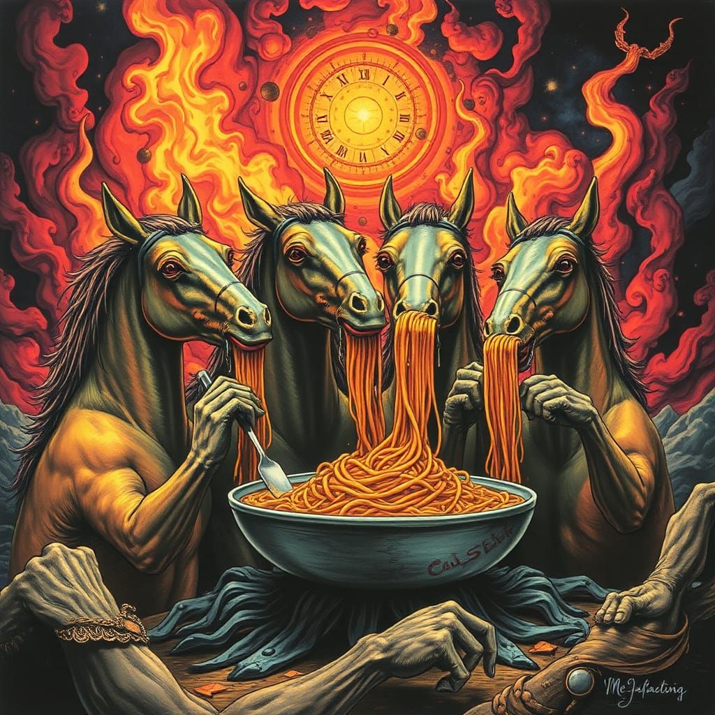 Apocalypse Horsemen Eating Spaghetti in Graffiti Style