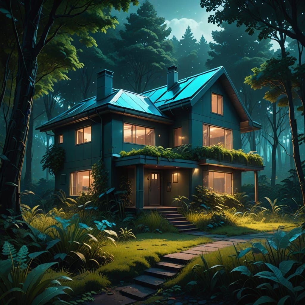 Futuristic Farmhouse with Bioluminescent Flora, Digital Art