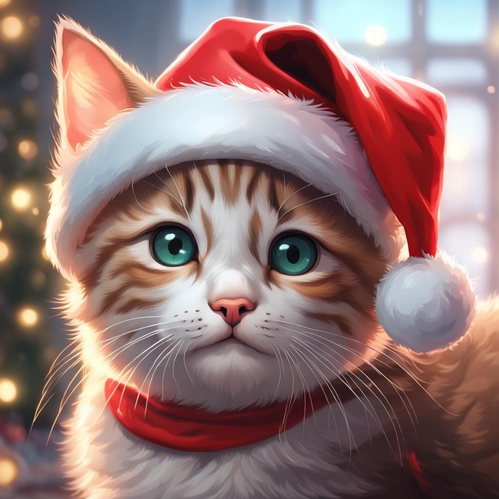 Adorable Kitten in Santa Hat, Digital Art