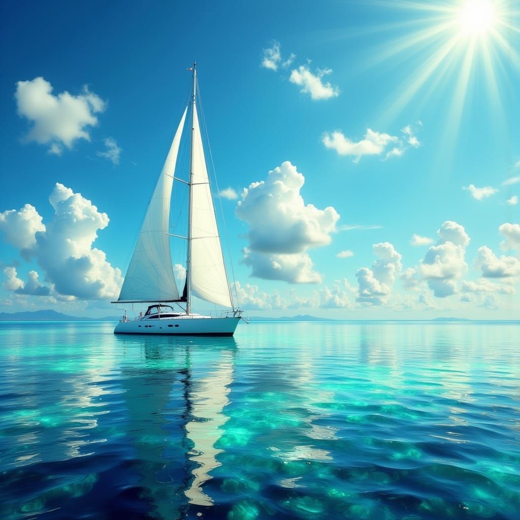 Vibrant Technicolor Sea with Solitary Sailing Boat