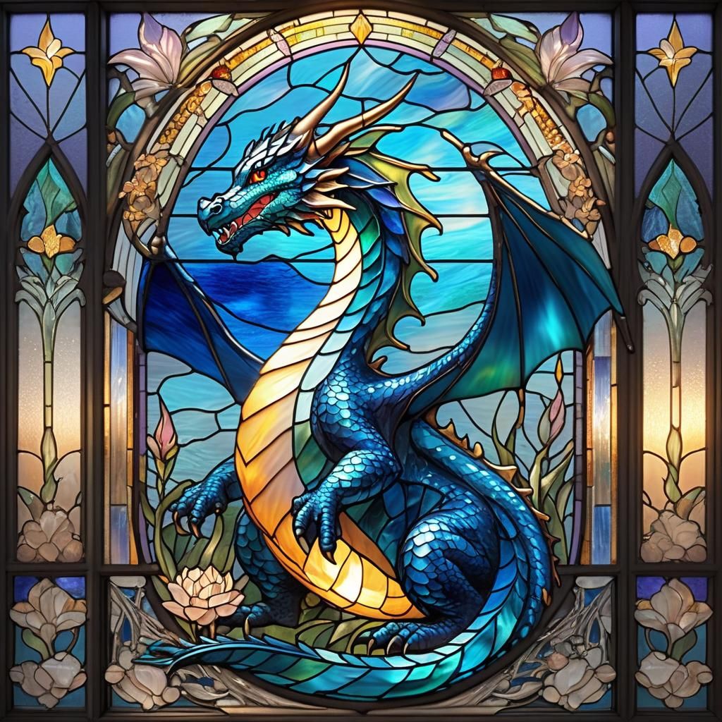 Iridescent Stained Glass Dragon with Art Nouveau Frame