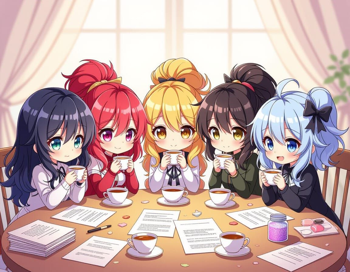 Anime Chibi Characters at Cluttered Table