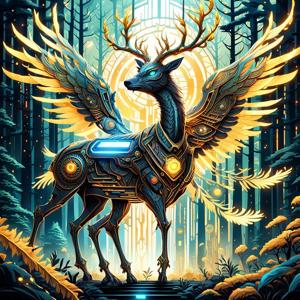Biomechanical Deer-Phoenix in Cyber-Fantasy Forest