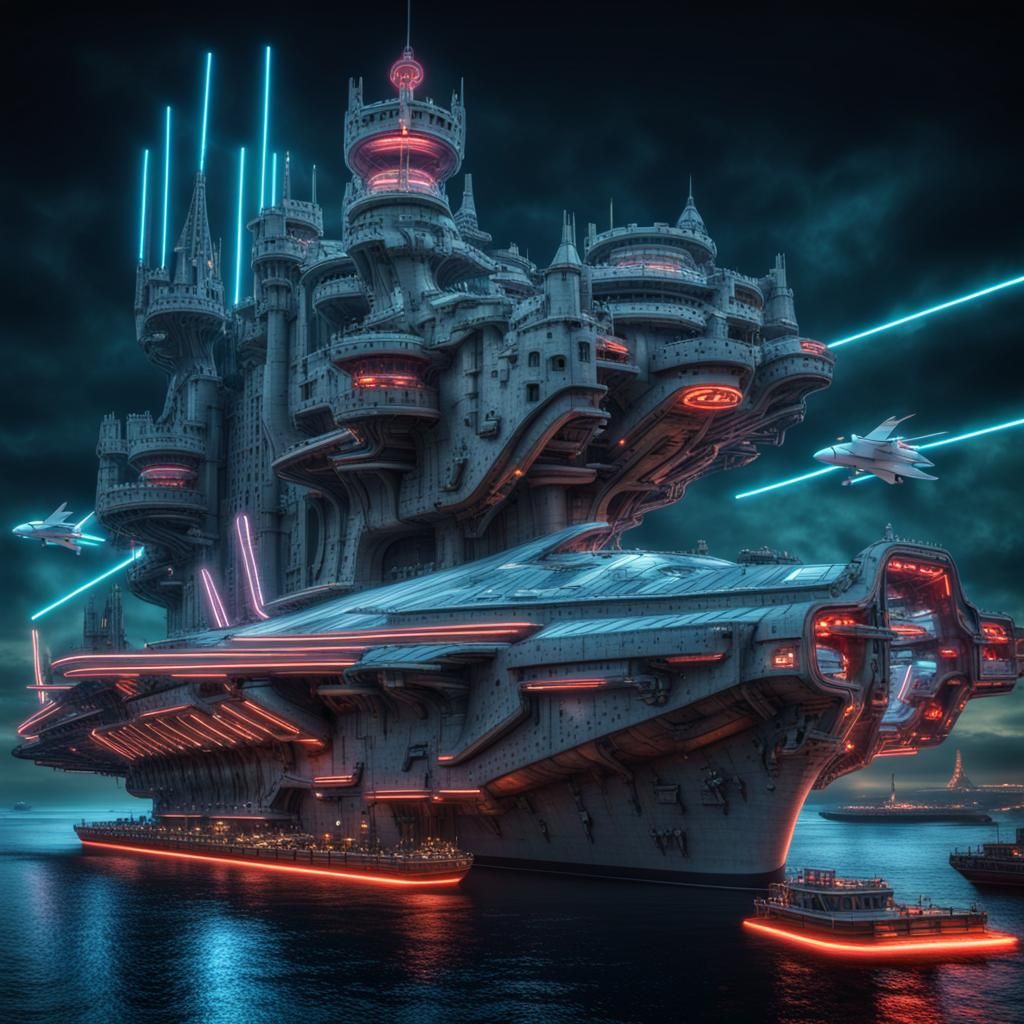 Futuristic Aircraft Carrier: Medieval Castle in Neon HDR